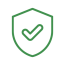 Green outline of a shield with a checkmark icon